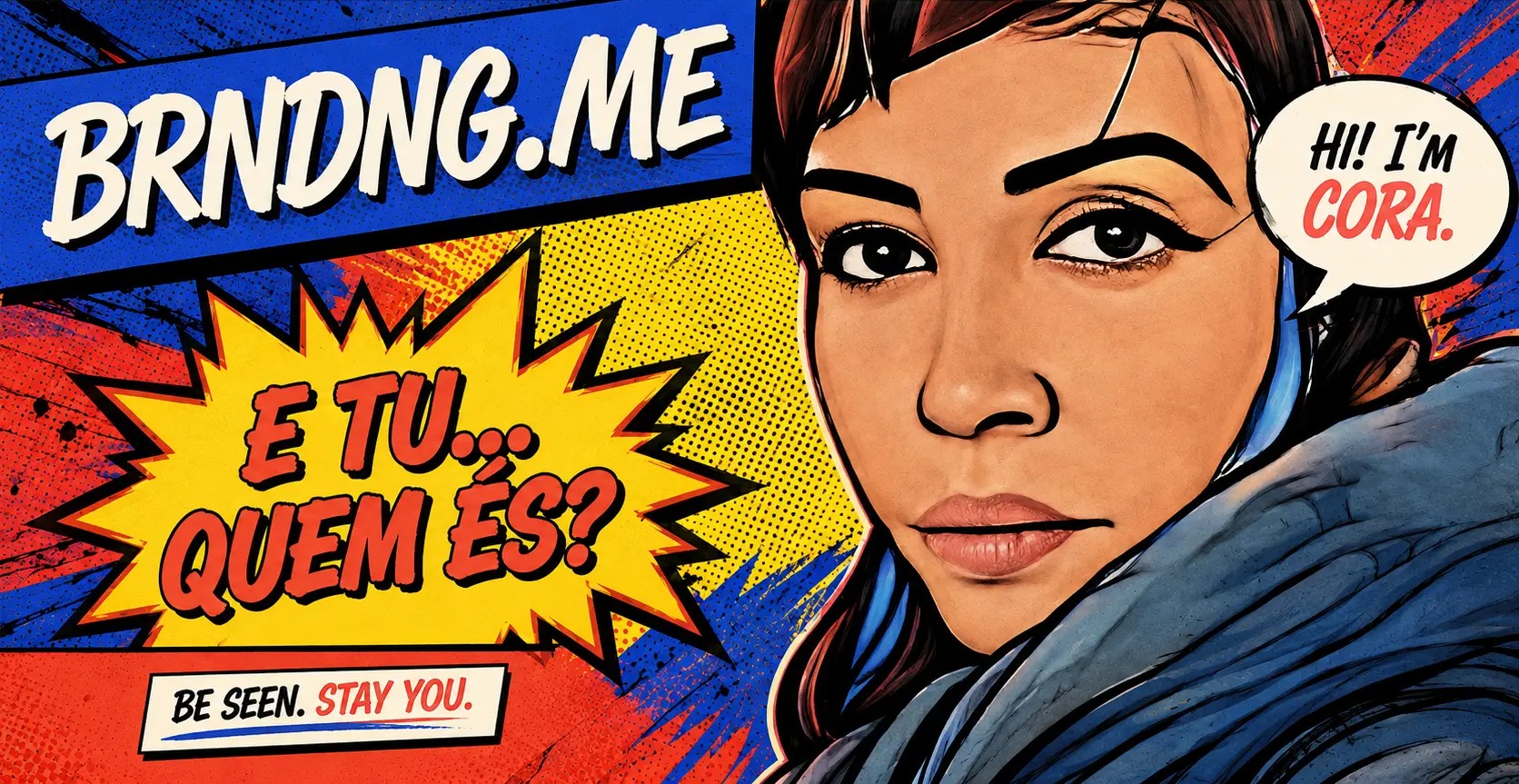 BRNDNG.ME — ilustração pop art de Cora Meireles Stier com a pergunta “E tu… quem és?” e a assinatura “Be seen. Stay you.”
